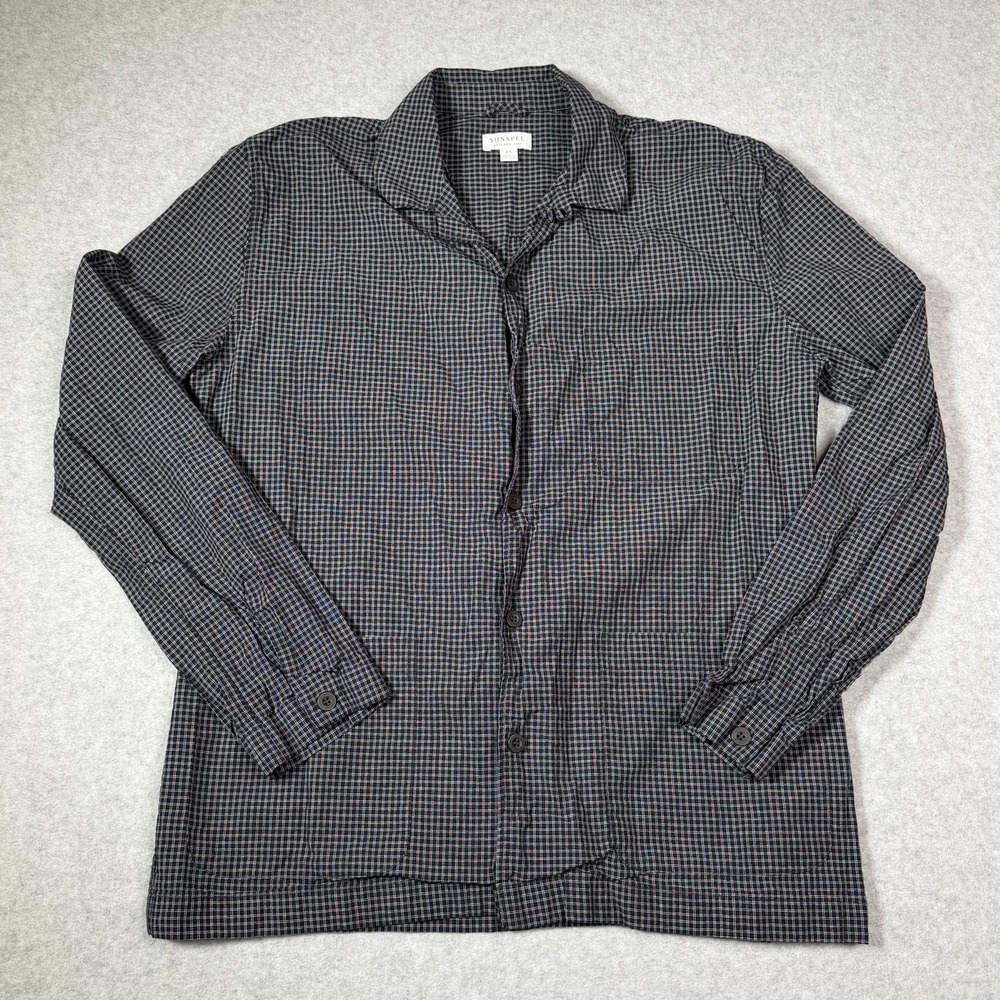 Sunspel Pyjama Pajama Top Shirt Long Sleeve Check Loop Collar Men's XS Cotton